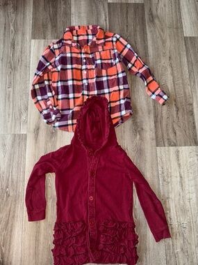 Kids Long Sleeve Plaid Shirt & Hooded Cardigan Set - Orange Plaid, Wine